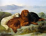 Mountainous Canvas Paintings - A Golden Retriever, Irish Setter, and a Gordon Setter in a Mountainous Landscape